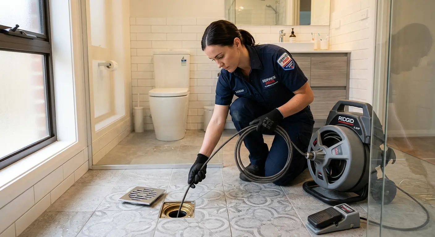 Technician clearing a bathroom floor drain for Drain Cleaning in Smithfield